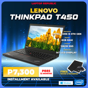 LPR Laptop Lenovo ThinkPad T450 Intel i5-5th Gen / 8gb DDR3 / 128gb SSD / Non-touch Promo